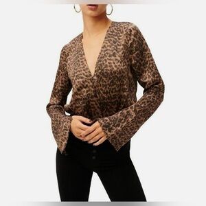 Good American Faux Wrap Long Sleeve Bodysuit in Sepia Leopard Size 1 (S) NWT